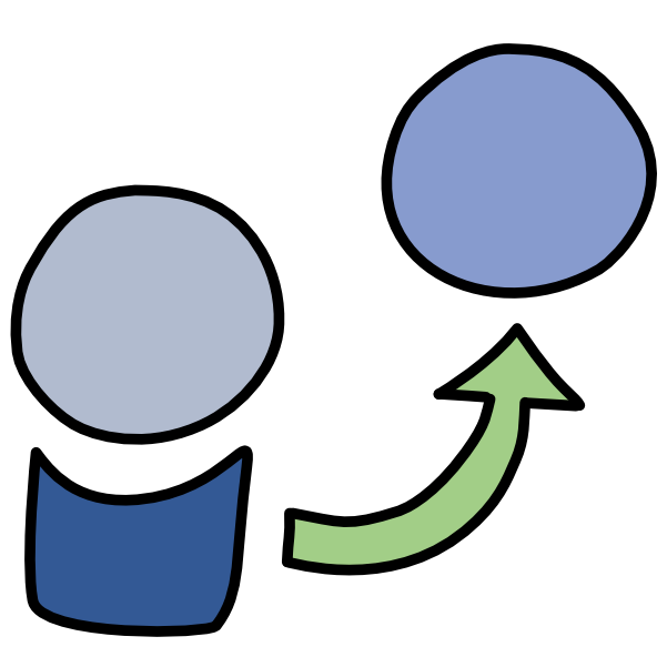 a light blue circle sits above a dark blue shape, a green arrow comes from that shape and points to a second slightly darker blue circle.